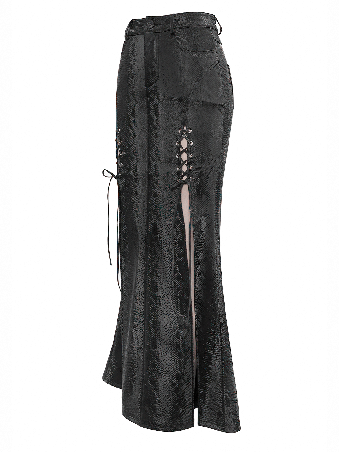 Sexy Women's Black Long Skirt with lace-up / Gothic Punk High Slit Synthetic Leather Skirts