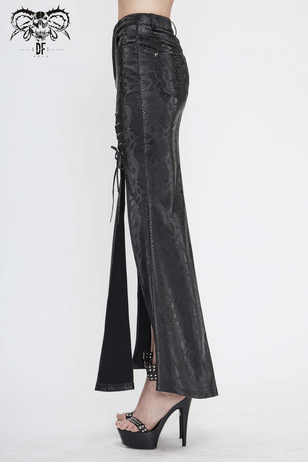 Sexy Women's Black Long Skirt with lace-up / Gothic Punk High Slit Synthetic Leather Skirts