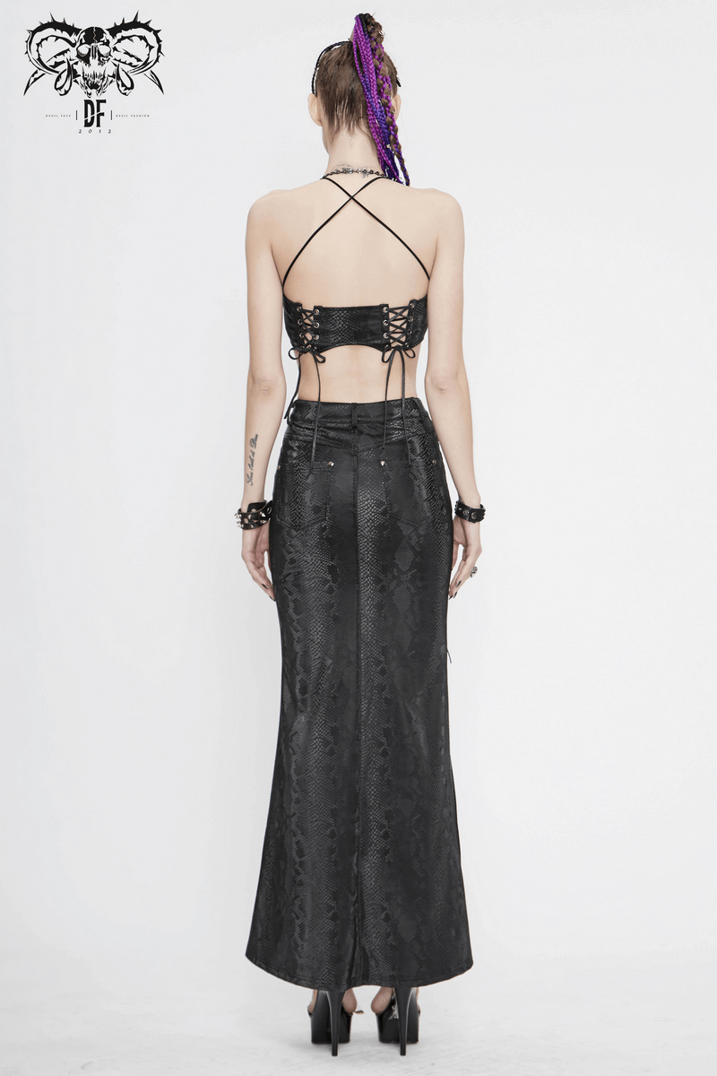 Sexy Women's Black Long Skirt with lace-up / Gothic Punk High Slit Synthetic Leather Skirts