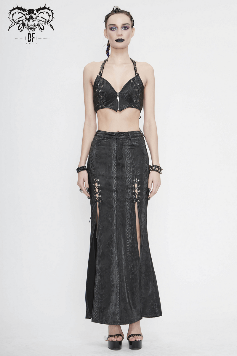 Sexy Women's Black Long Skirt with lace-up / Gothic Punk High Slit Synthetic Leather Skirts