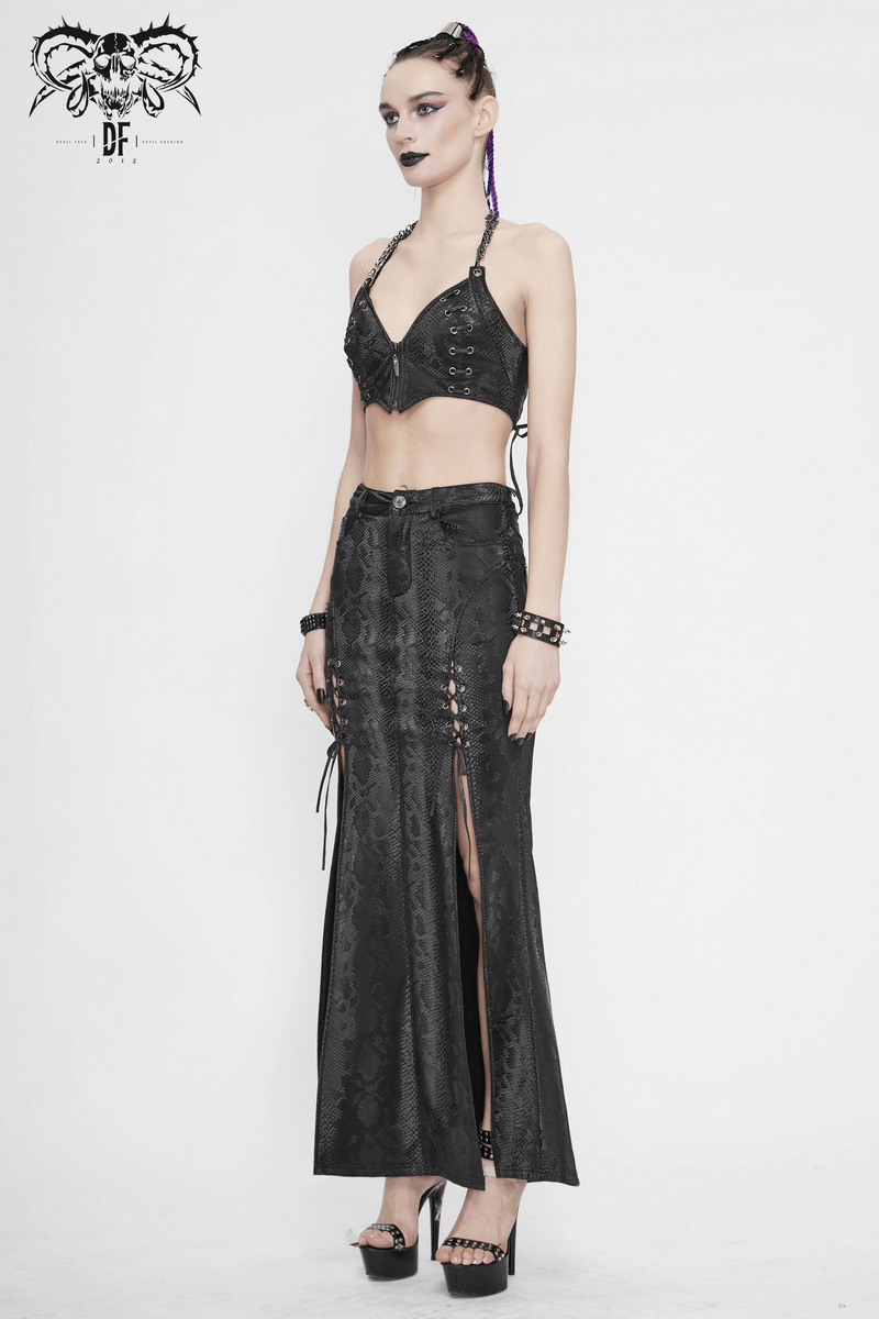Sexy Women's Black Long Skirt with lace-up / Gothic Punk High Slit Synthetic Leather Skirts