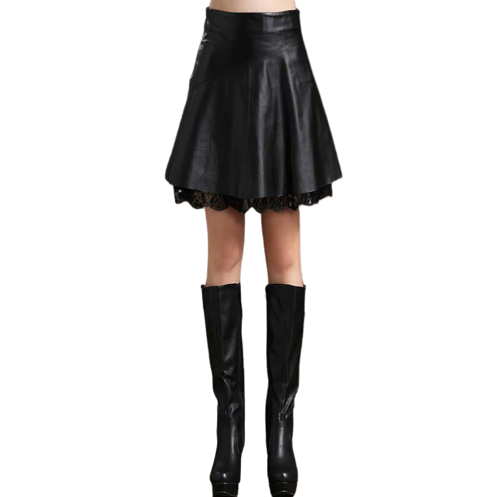 Sexy Women's Black PU Leather High Waist Skirt / Vintage Ladies Short Skirts with Lace