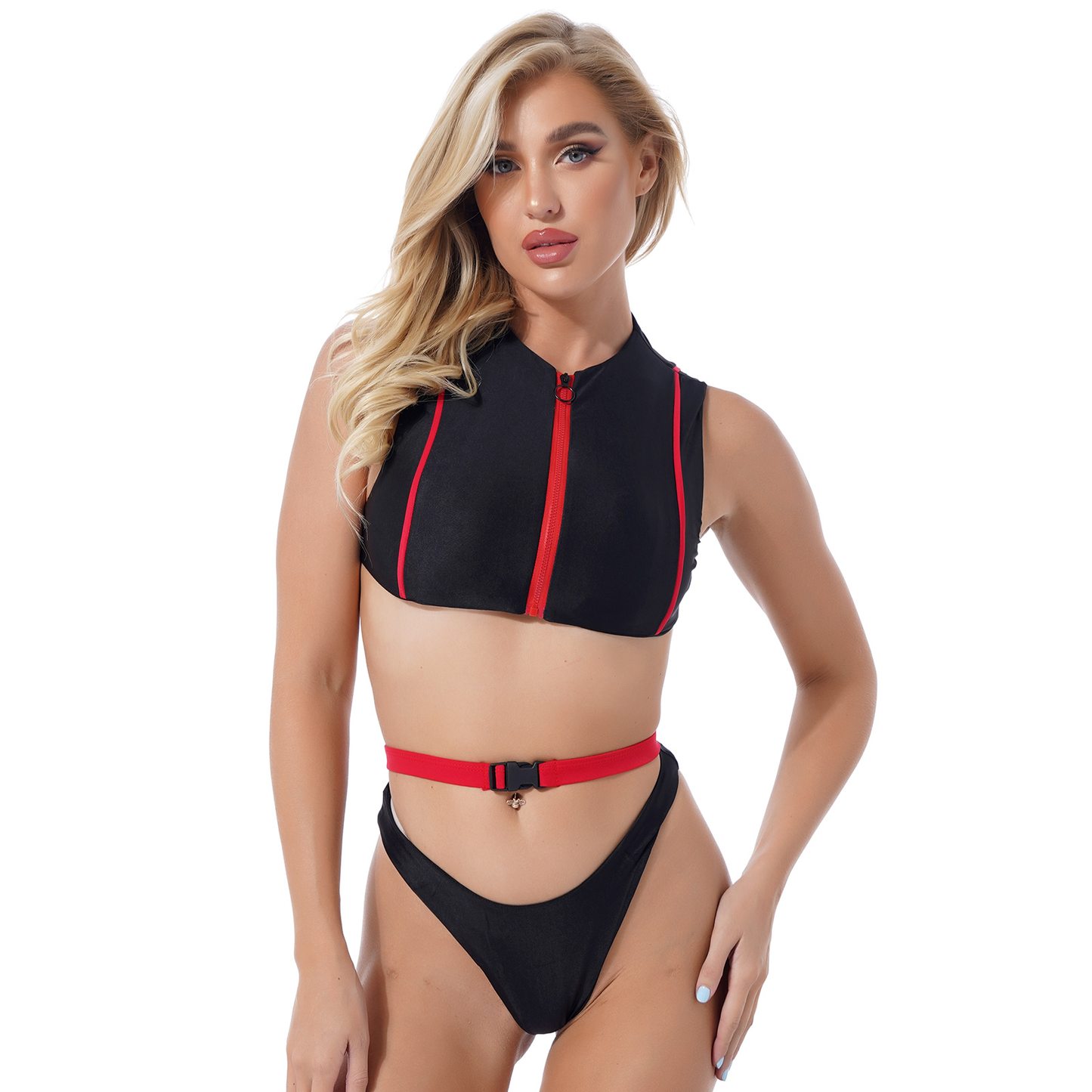 Sexy Women's Black Swimwear / Fashion Sleeveless Front Zipper Crop Top and High Waist Panties