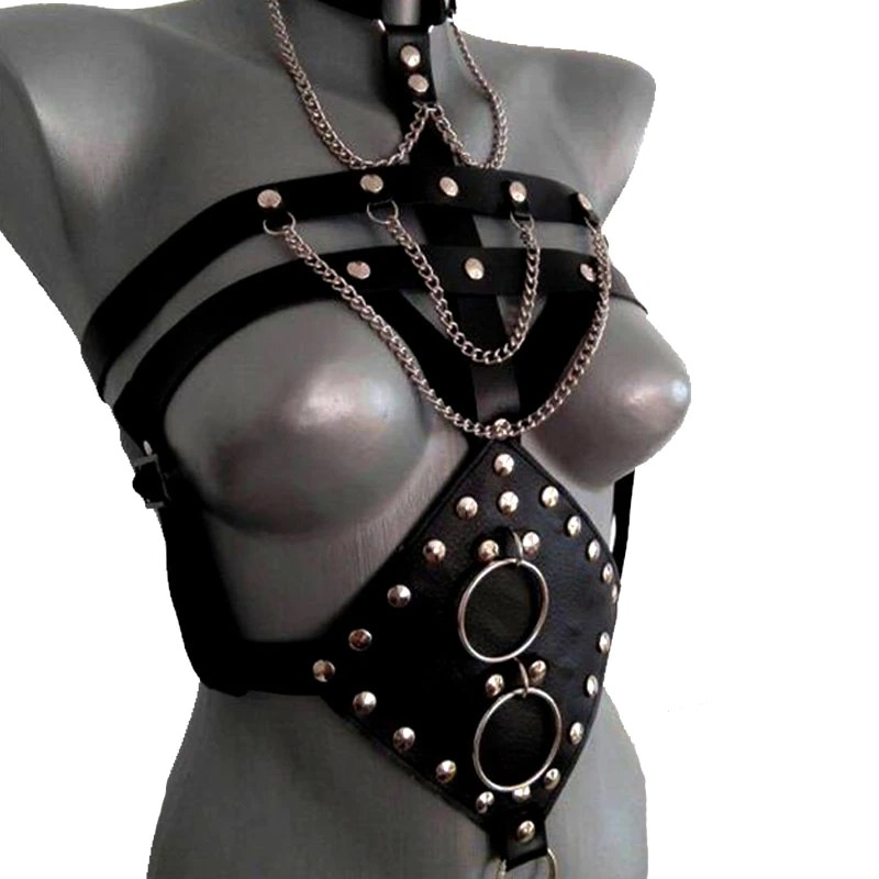 Sexy Women's Body Harness in Black Color / Leather Chest Strap in Gothic Style