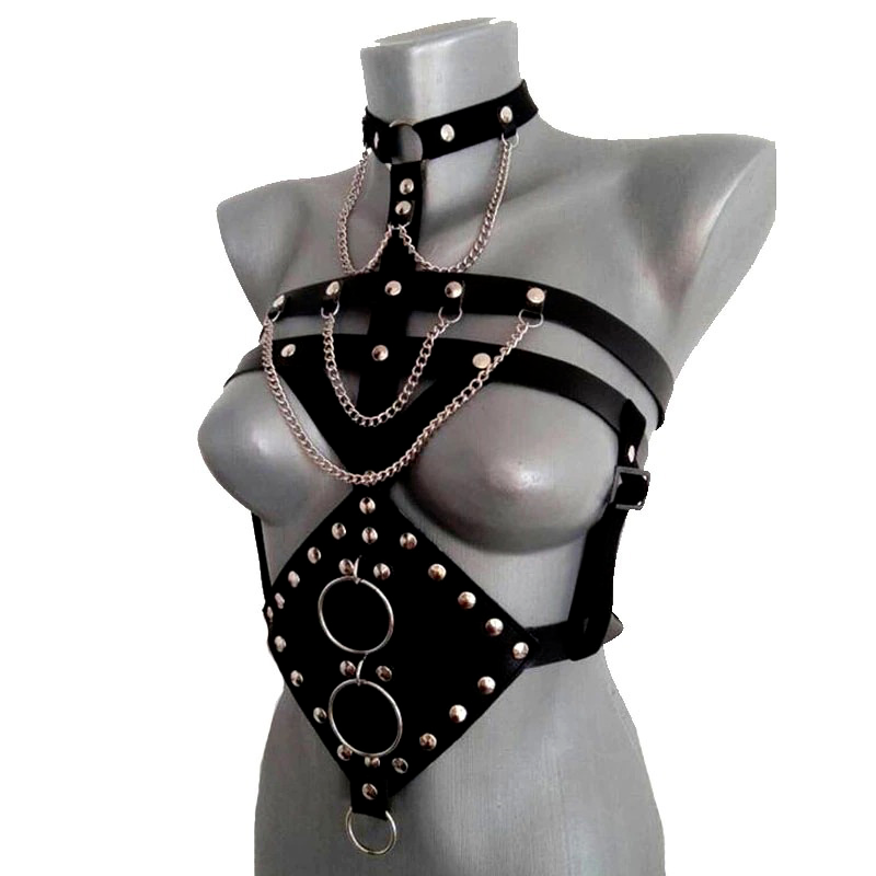 Sexy Women's Body Harness in Black Color / Leather Chest Strap in Gothic Style