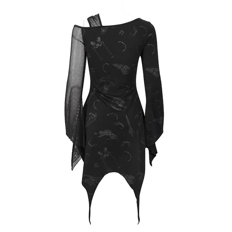 Sexy Women's Dress with Mesh Sleeve & Alternative Print / Gothic Asymmetrical Short Dress