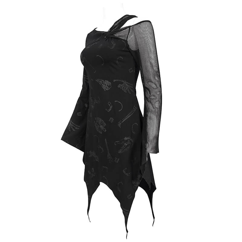 Sexy Women's Dress with Mesh Sleeve & Alternative Print / Gothic Asymmetrical Short Dress