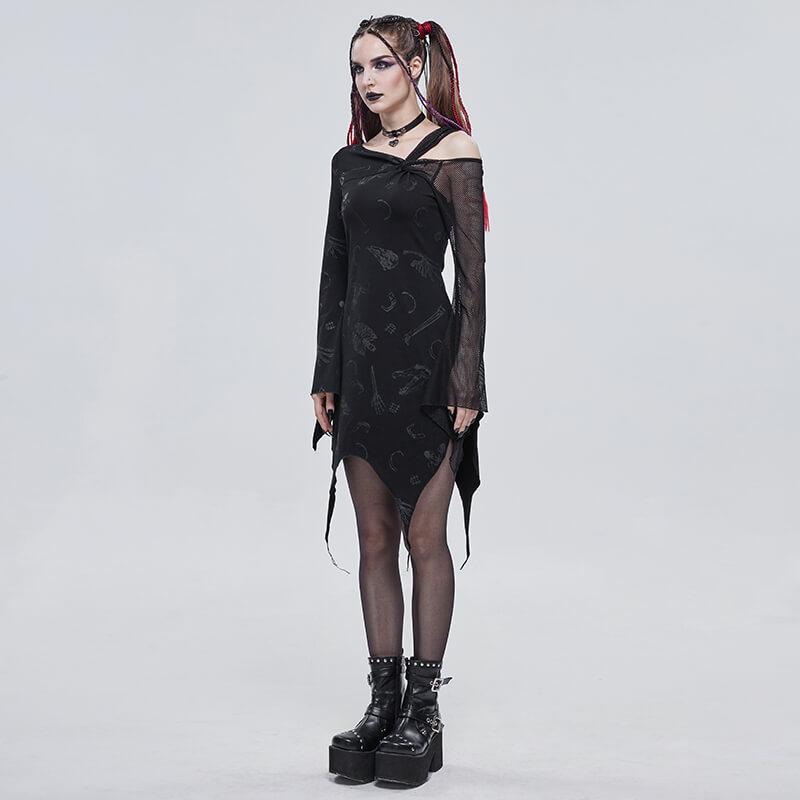 Sexy Women's Dress with Mesh Sleeve & Alternative Print / Gothic Asymmetrical Short Dress