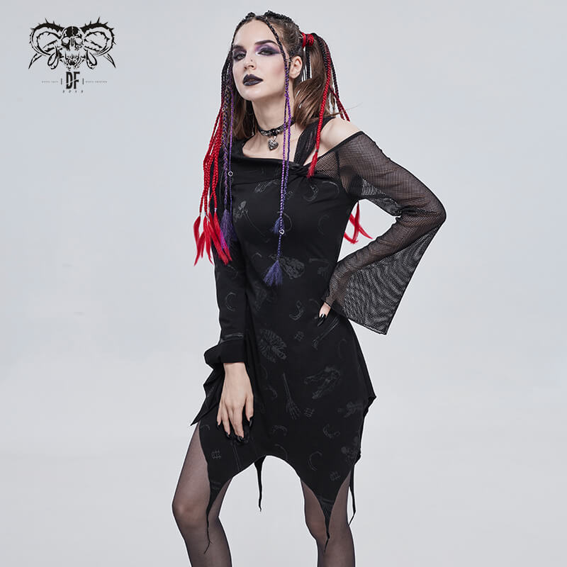 Sexy Women's Dress with Mesh Sleeve & Alternative Print / Gothic Asymmetrical Short Dress