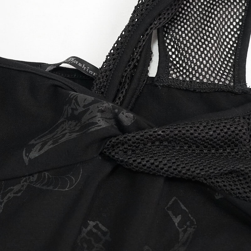 Sexy Women's Dress with Mesh Sleeve & Alternative Print / Gothic Asymmetrical Short Dress