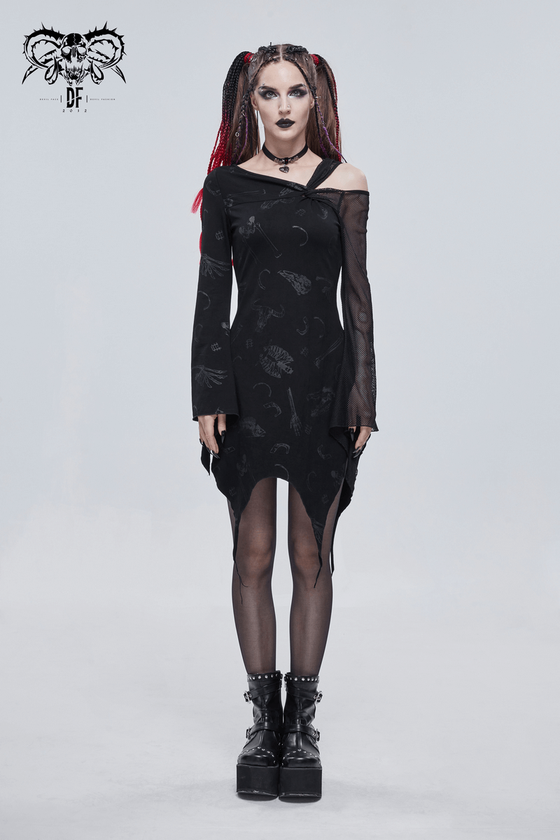 Sexy Women's Dress with Mesh Sleeve & Alternative Print / Gothic Asymmetrical Short Dress
