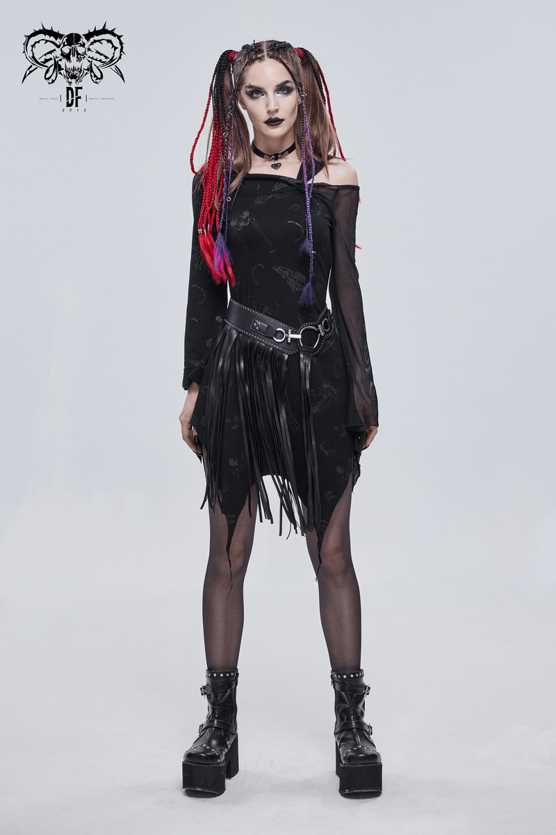 Sexy Women's Dress with Mesh Sleeve & Alternative Print / Gothic Asymmetrical Short Dress