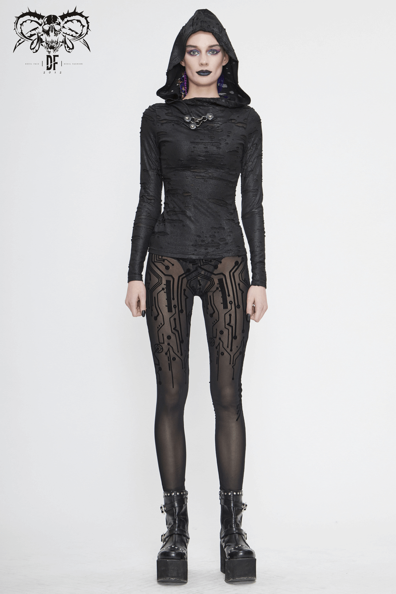 Sexy Women's Elastic Leggings in Cyberpunk style / Ladies Stretch See-through Black Mesh Leggings