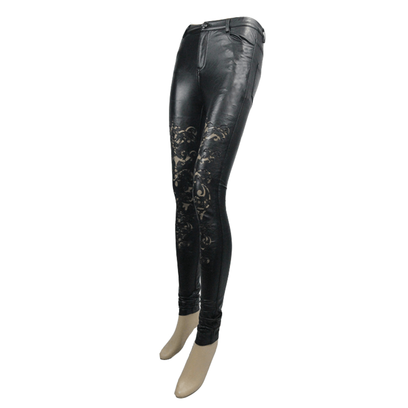 Sexy Womens Faux Leather Pants / Black Hollow-Out Lace Leggings / Skinny Pencil Pants