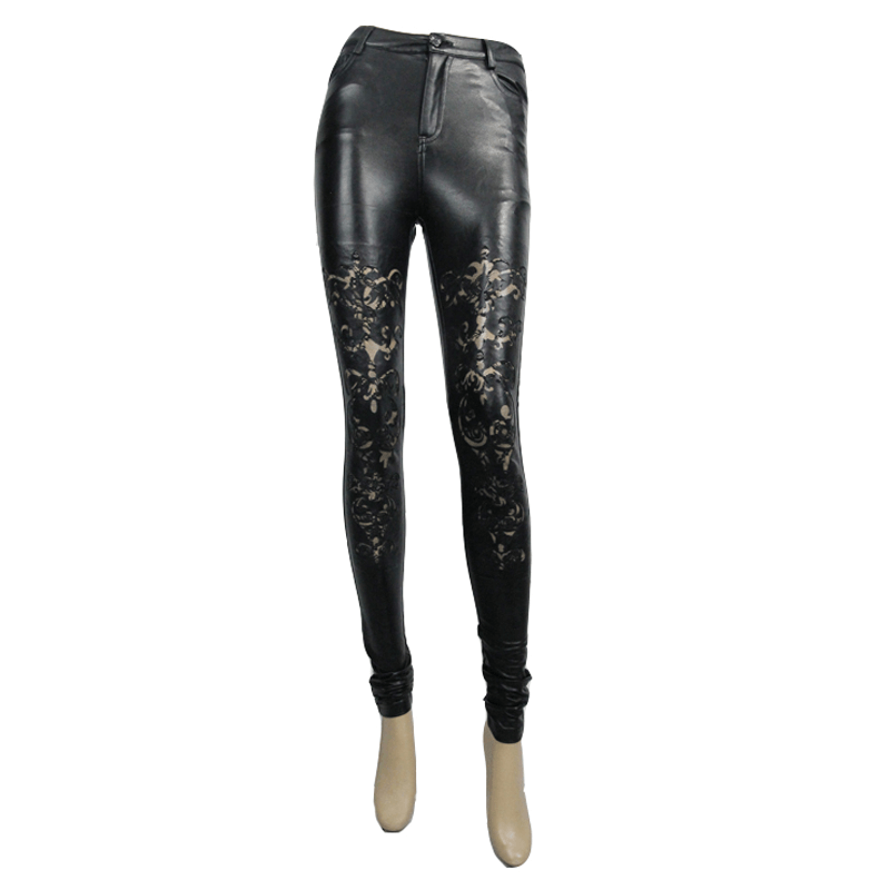 Sexy Womens Faux Leather Pants / Black Hollow-Out Lace Leggings / Skinny Pencil Pants