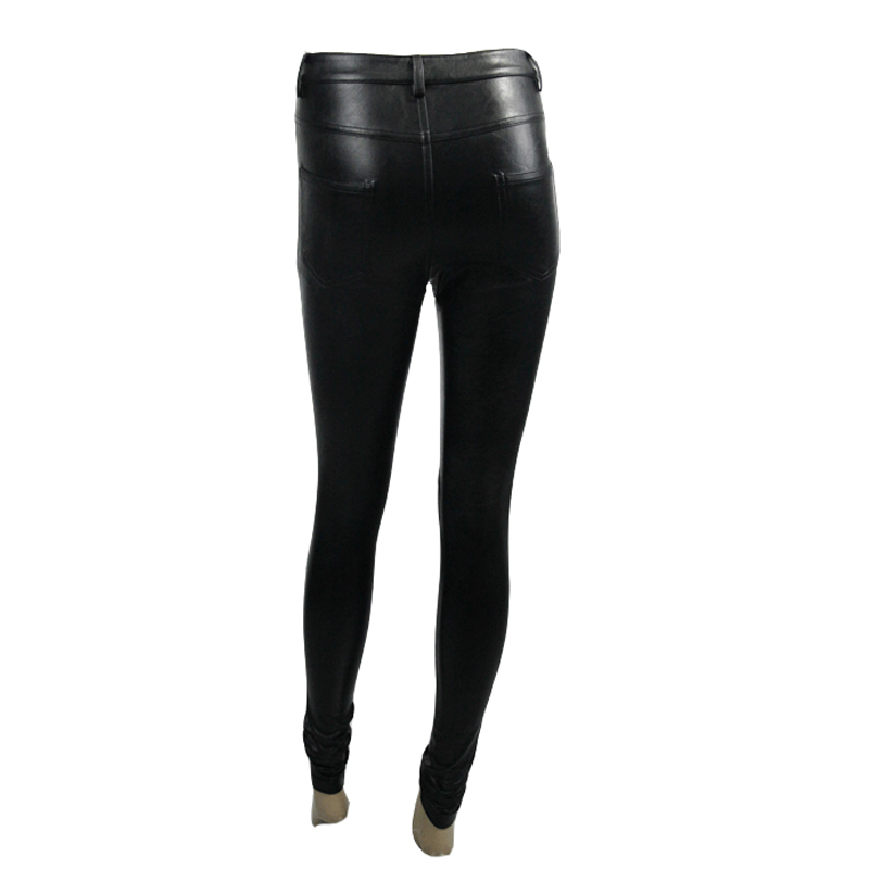 Sexy Womens Faux Leather Pants / Black Hollow-Out Lace Leggings / Skinny Pencil Pants