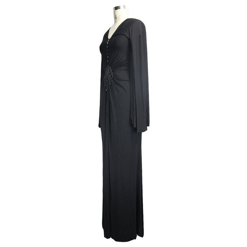 Sexy Women's Gothic Deep V-Neck Dress with Wide Sleeve / Black Ladies Long High Waist Dress
