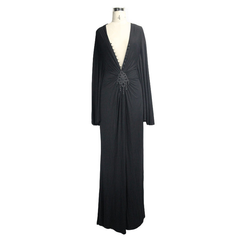 Sexy Women's Gothic Deep V-Neck Dress with Wide Sleeve / Black Ladies Long High Waist Dress
