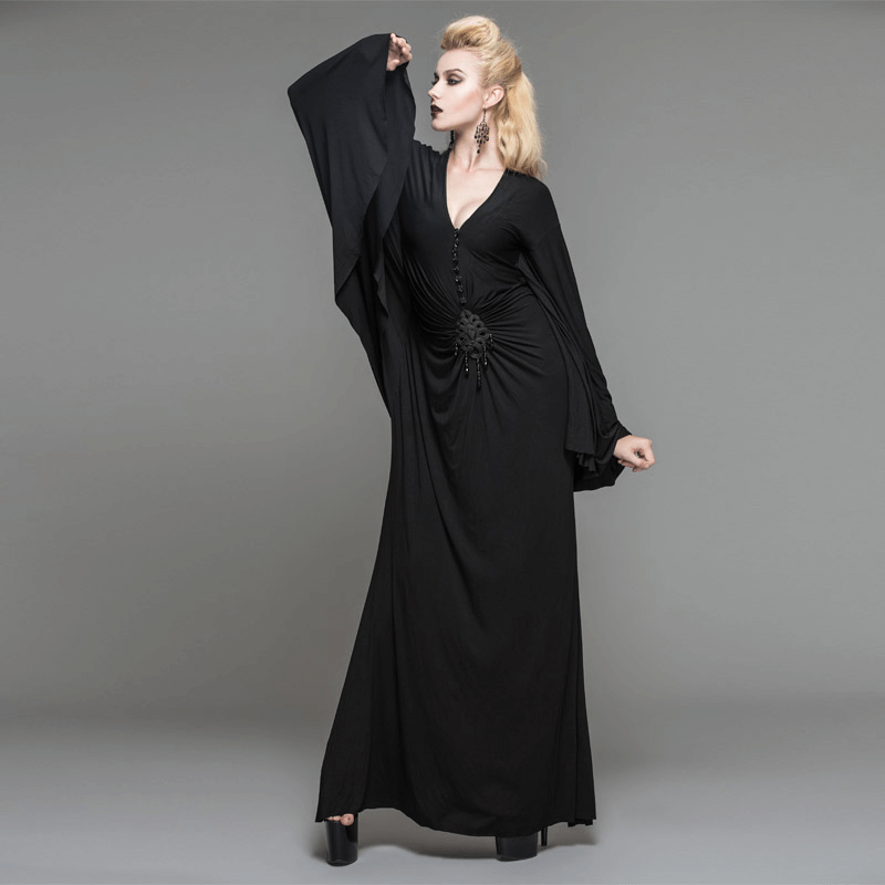 Sexy Women's Gothic Deep V-Neck Dress with Wide Sleeve / Black Ladies Long High Waist Dress