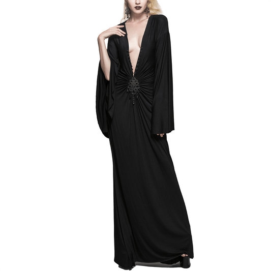 Sexy Women's Gothic Deep V-Neck Dress with Wide Sleeve / Black Ladies Long High Waist Dress