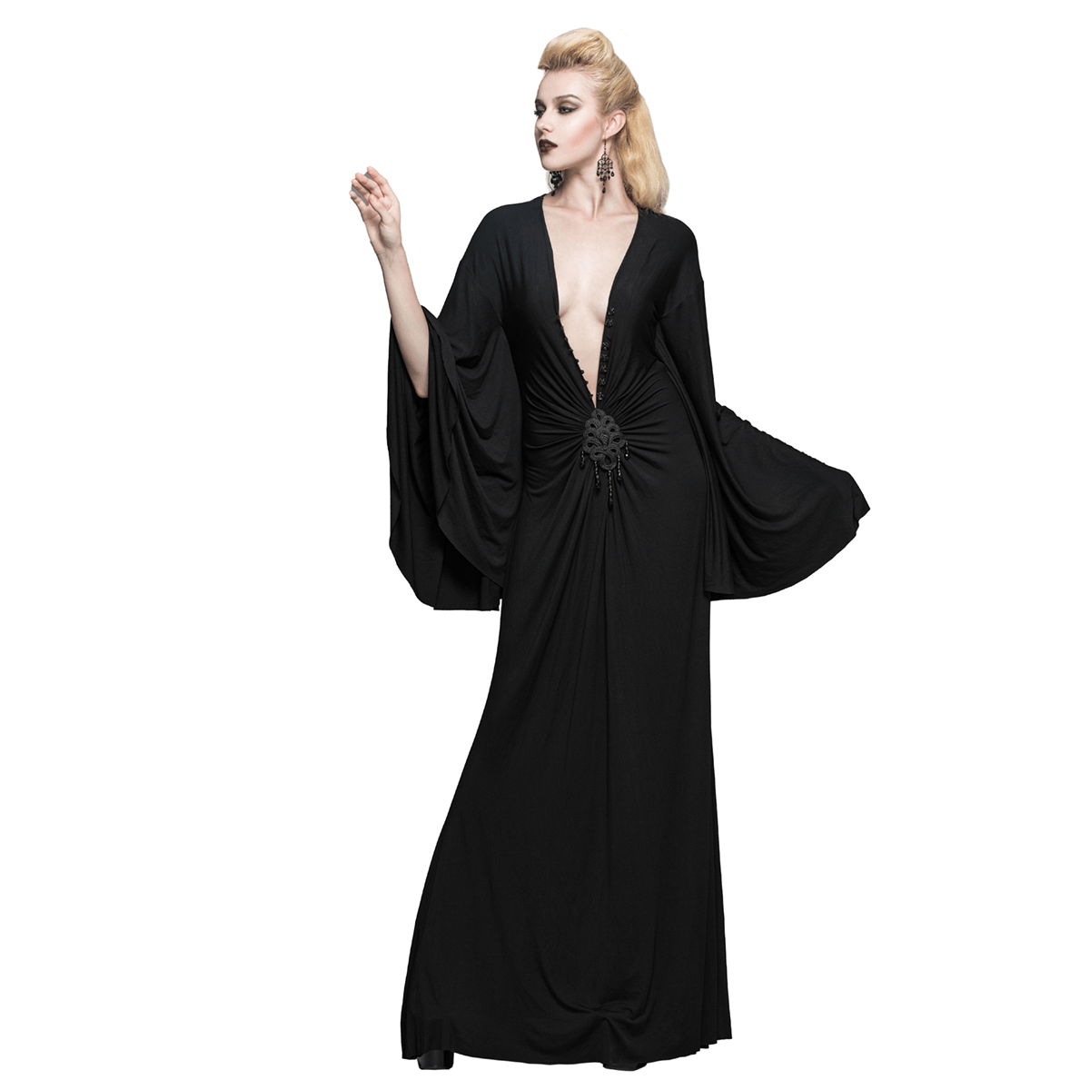 Sexy Women's Gothic Deep V-Neck Dress with Wide Sleeve / Black Ladies Long High Waist Dress