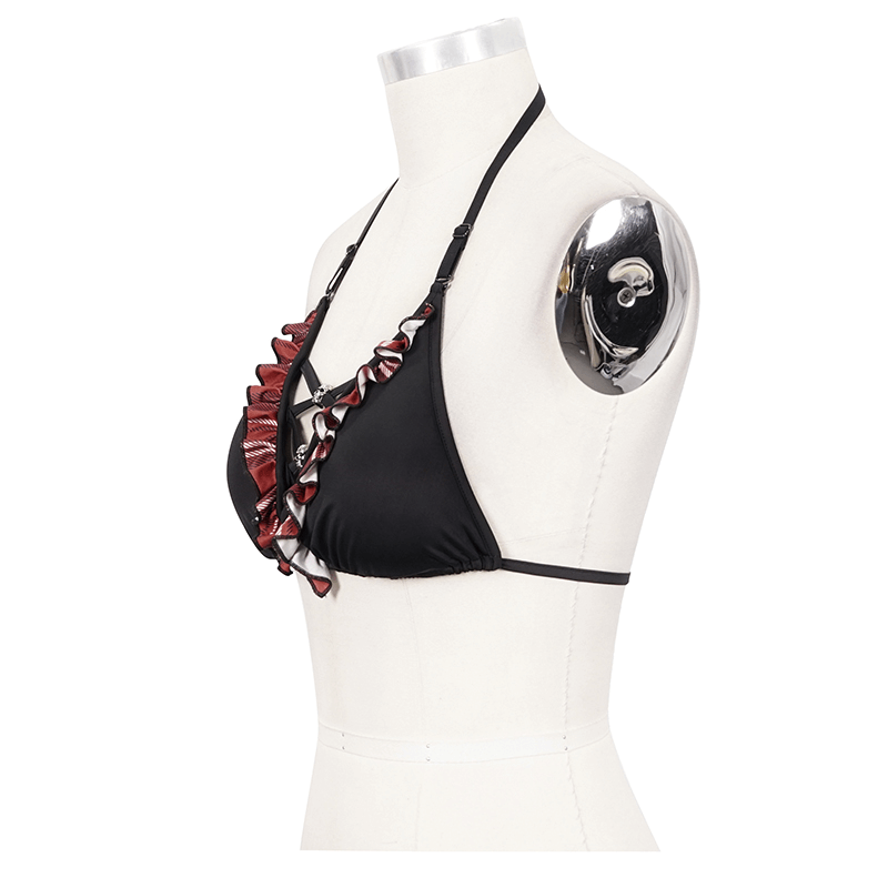 Sexy Women's Grunge Bikini Top / Female Black & Red Plaid Swimsuit Top With Skull Pendants