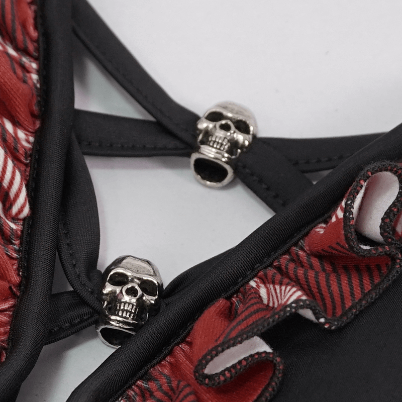 Sexy Women's Grunge Bikini Top / Female Black & Red Plaid Swimsuit Top With Skull Pendants
