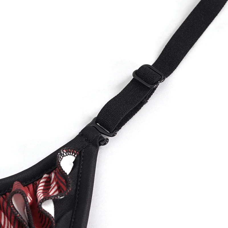 Sexy Women's Grunge Bikini Top / Female Black & Red Plaid Swimsuit Top With Skull Pendants