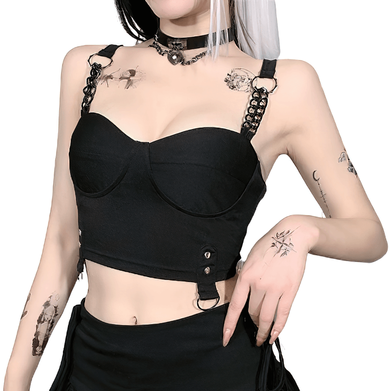 Sexy Women's Grunge Crop Top / Gothic Style Sleeveless Corset Chain Top