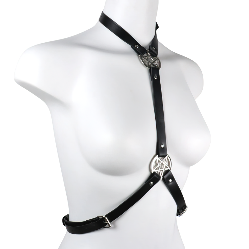 Sexy Women's Leather Harness Bra with Pentagram / Fashion Black Chest Harness in Punk style