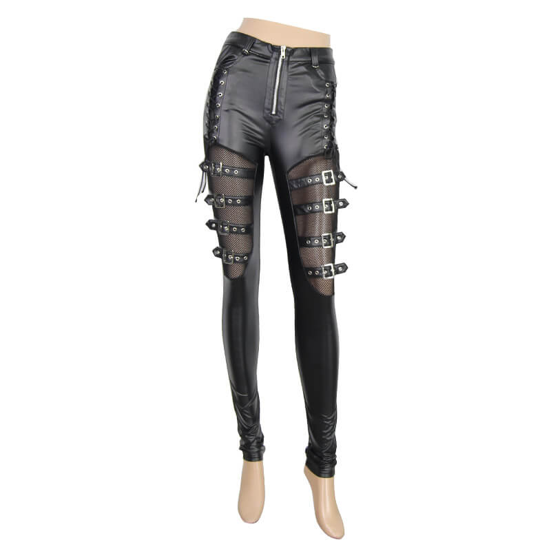 Sexy Women's PU Leather High Waisted Slim Fit Pants / Gothic Black Mesh Leggings with Straps