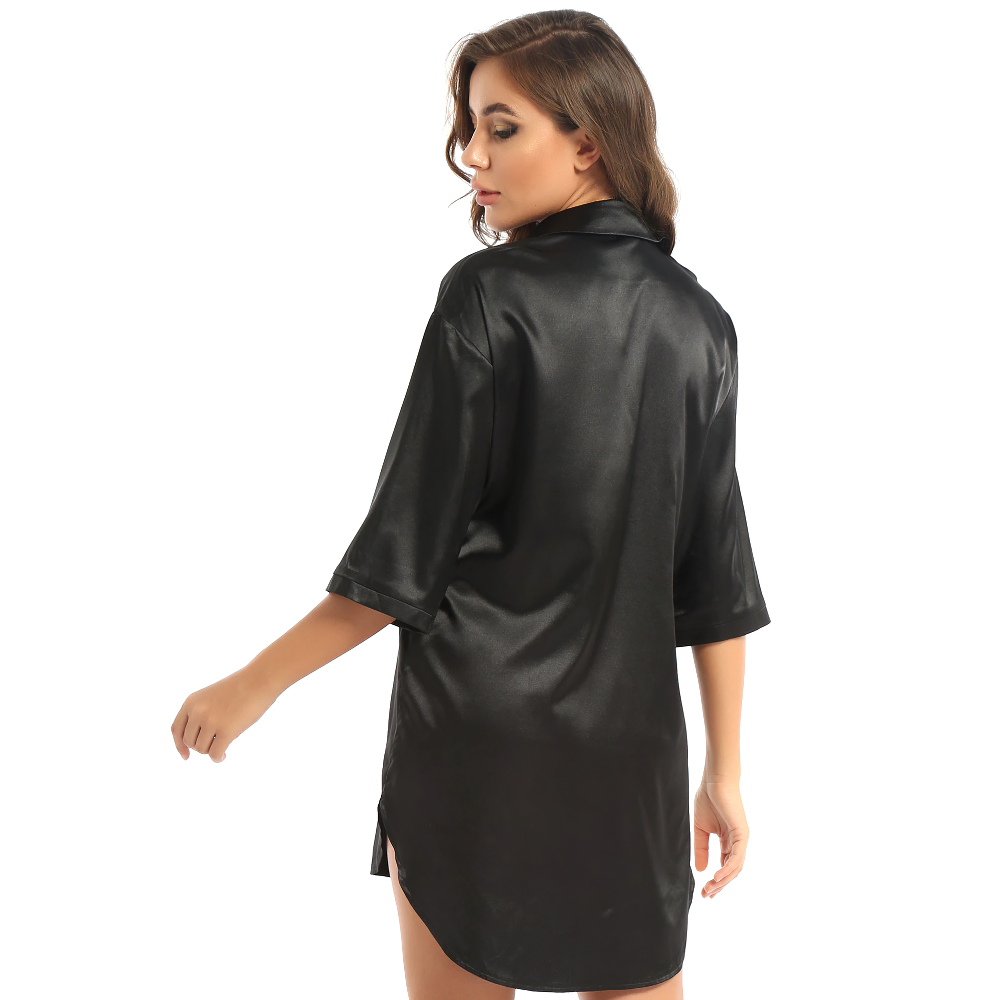 Sexy Women's Satin Shirt with 3/4 Sleeve / Female Nightshirt Solid Color