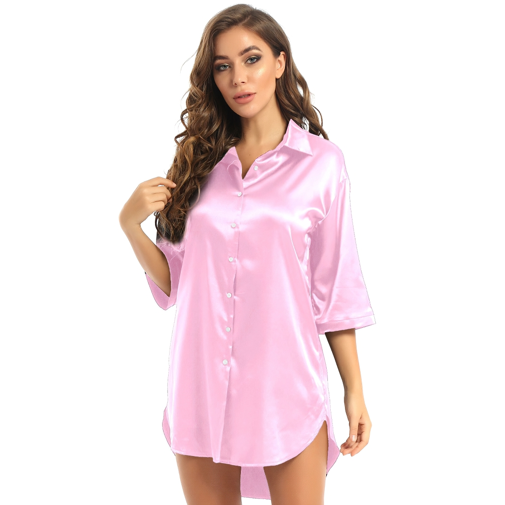 Sexy Women's Satin Shirt with 3/4 Sleeve / Female Nightshirt Solid Color