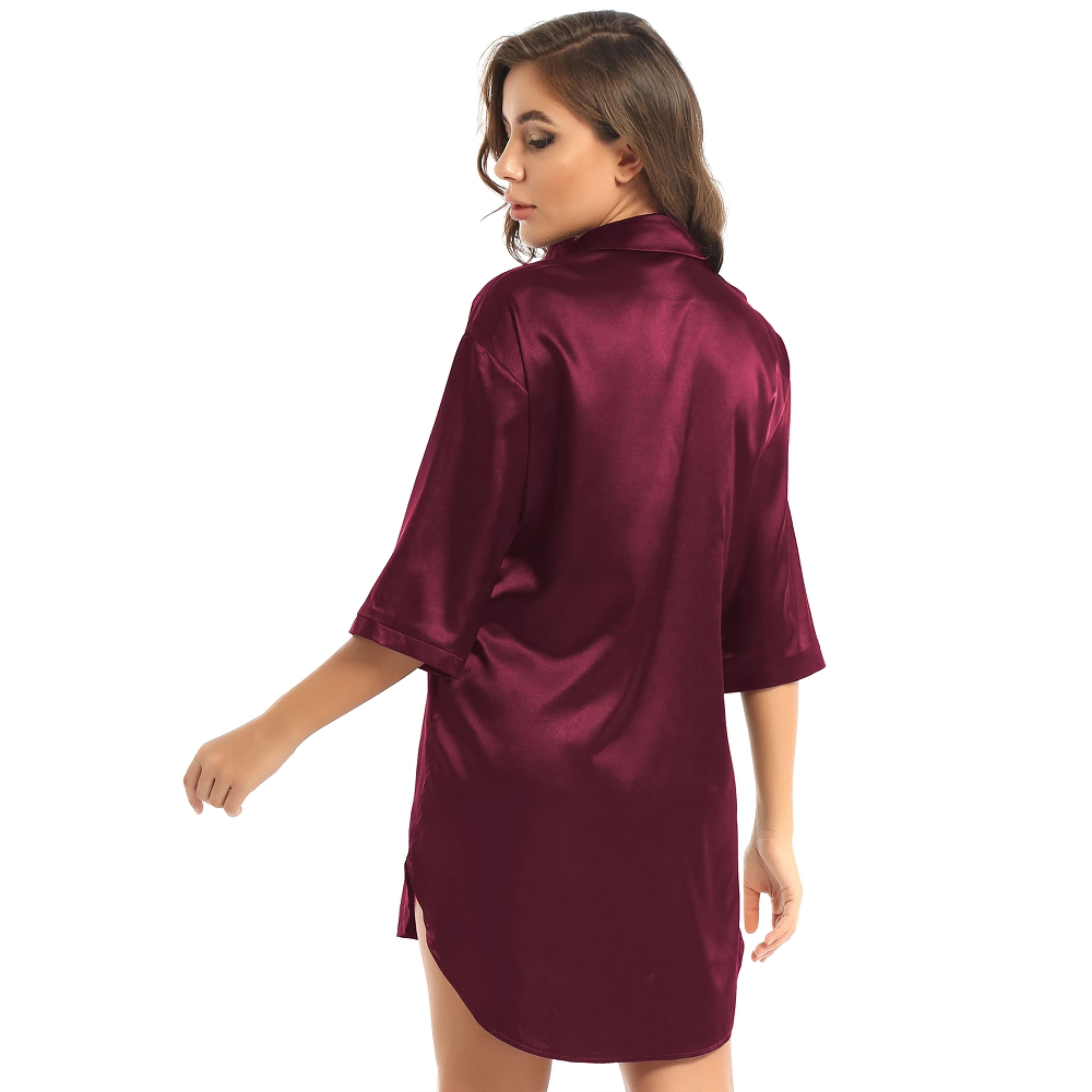Sexy Women's Satin Shirt with 3/4 Sleeve / Female Nightshirt Solid Color