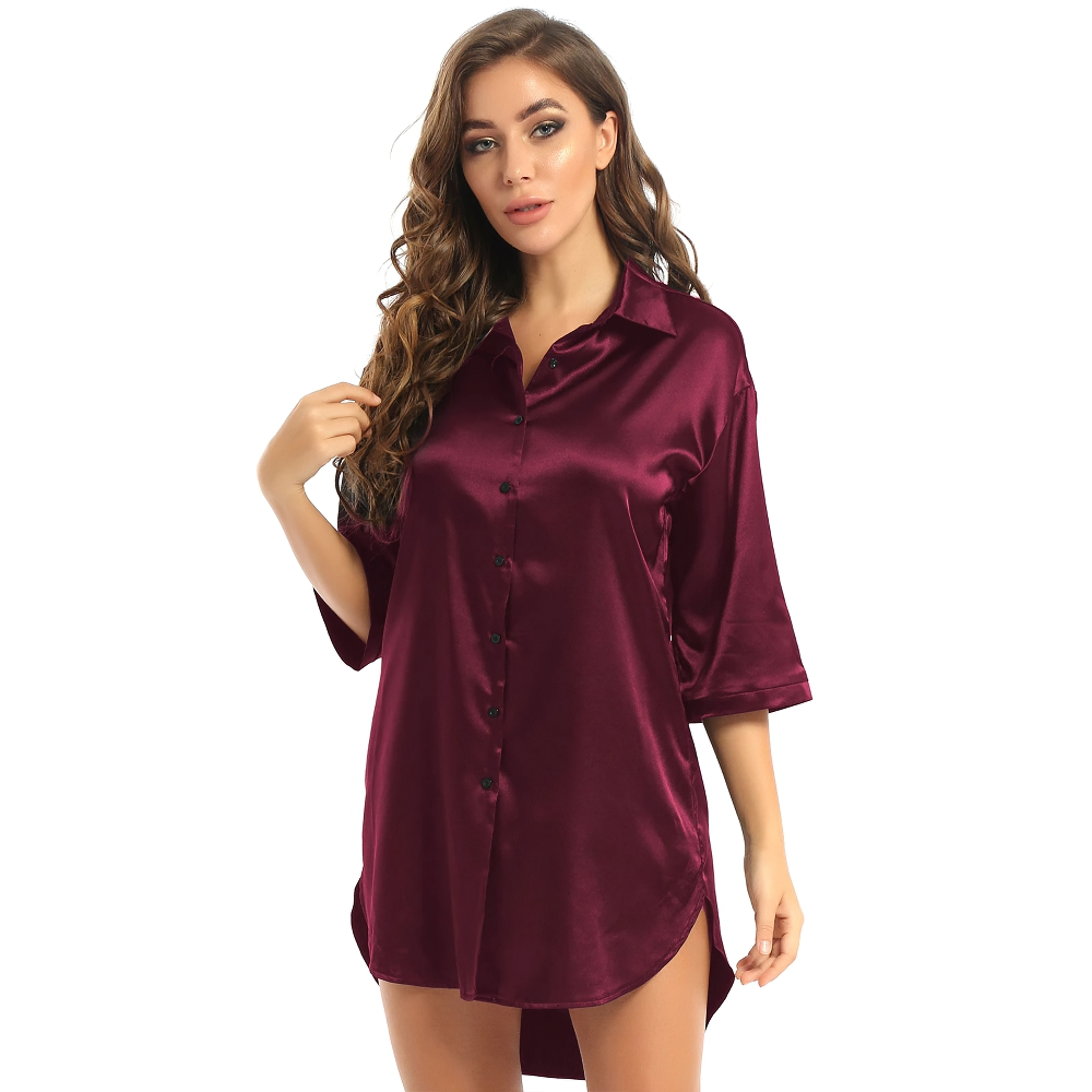 Sexy Women's Satin Shirt with 3/4 Sleeve / Female Nightshirt Solid Color