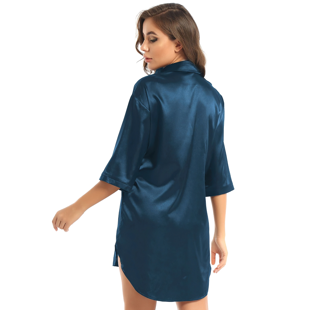 Sexy Women's Satin Shirt with 3/4 Sleeve / Female Nightshirt Solid Color