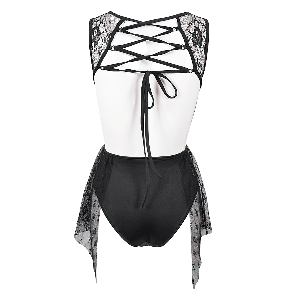 Sexy Women's Sheer Lace Bodysuit with Lace-up Back
