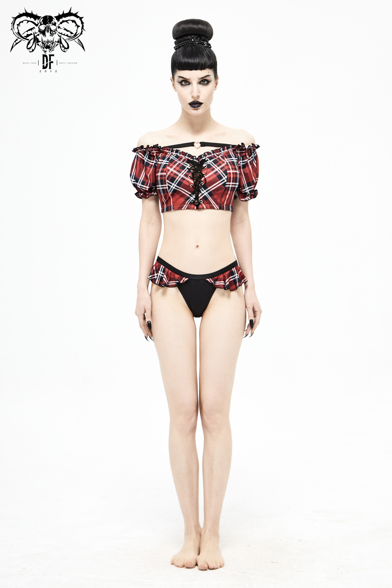 Sexy Women's Swimming Trunks with Scottish Check Ruffles / Grunge Bottoms