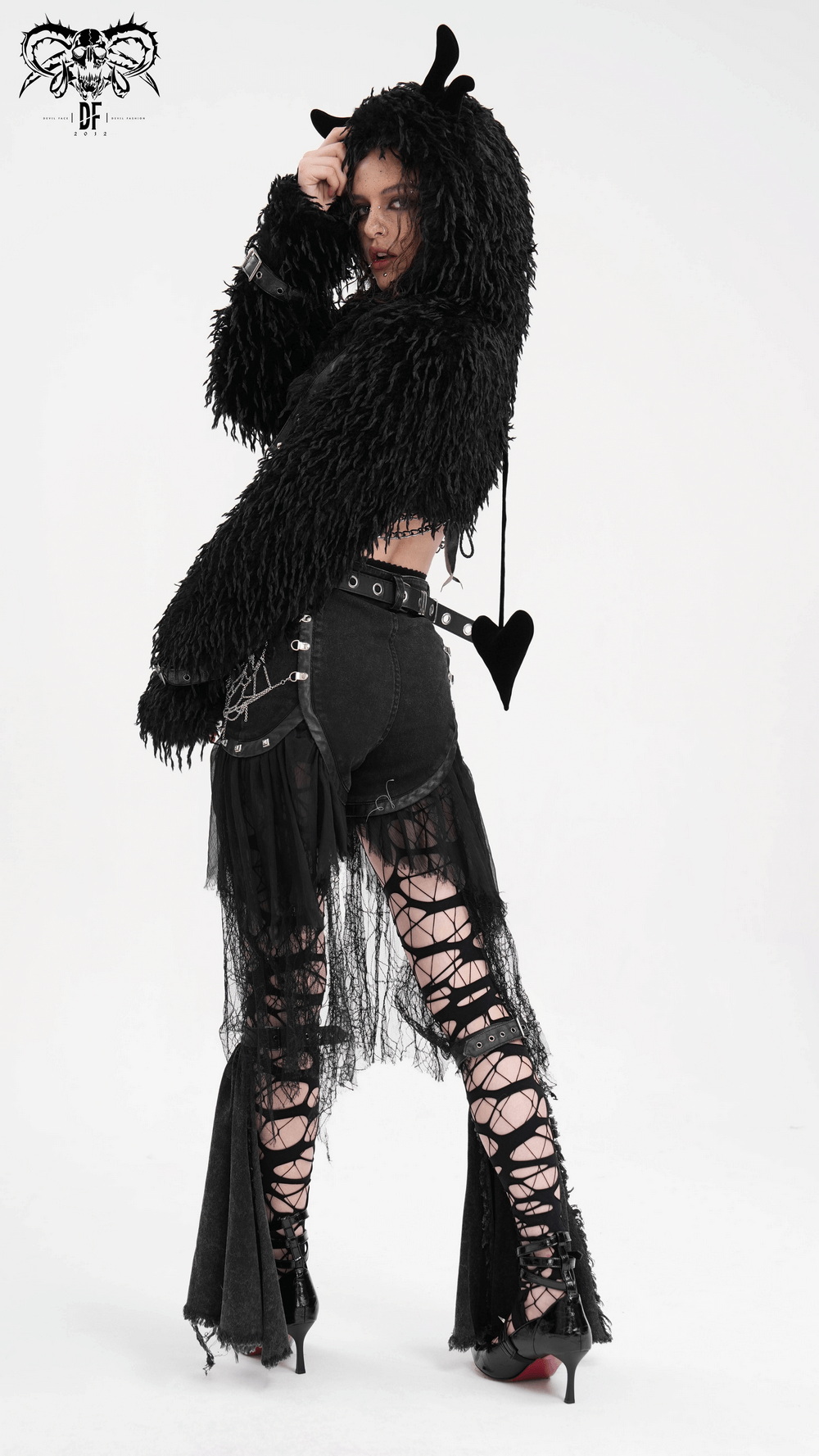 Shaggy Black Faux Fur Cape with Horns and Chains