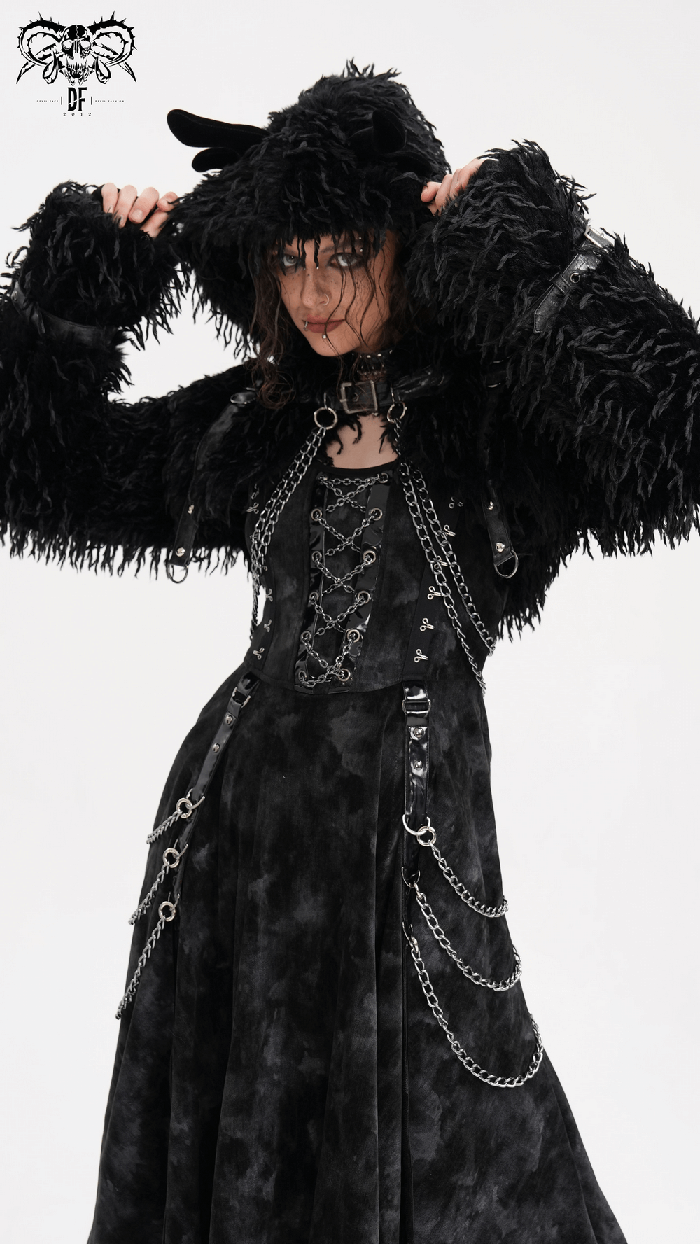 Shaggy Black Faux Fur Cape with Horns and Chains