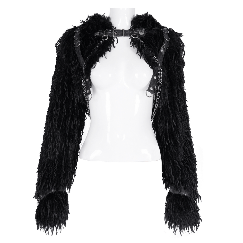 Shaggy Black Faux Fur Cape with Horns and Chains