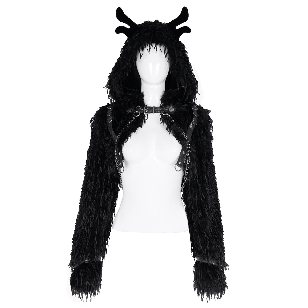 Shaggy Black Faux Fur Cape with Horns and Chains