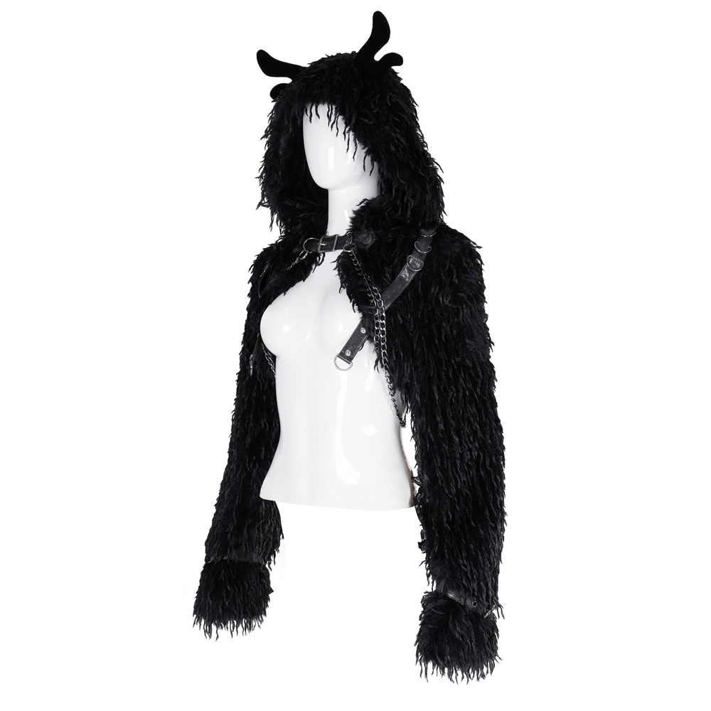 Shaggy Black Faux Fur Cape with Horns and Chains