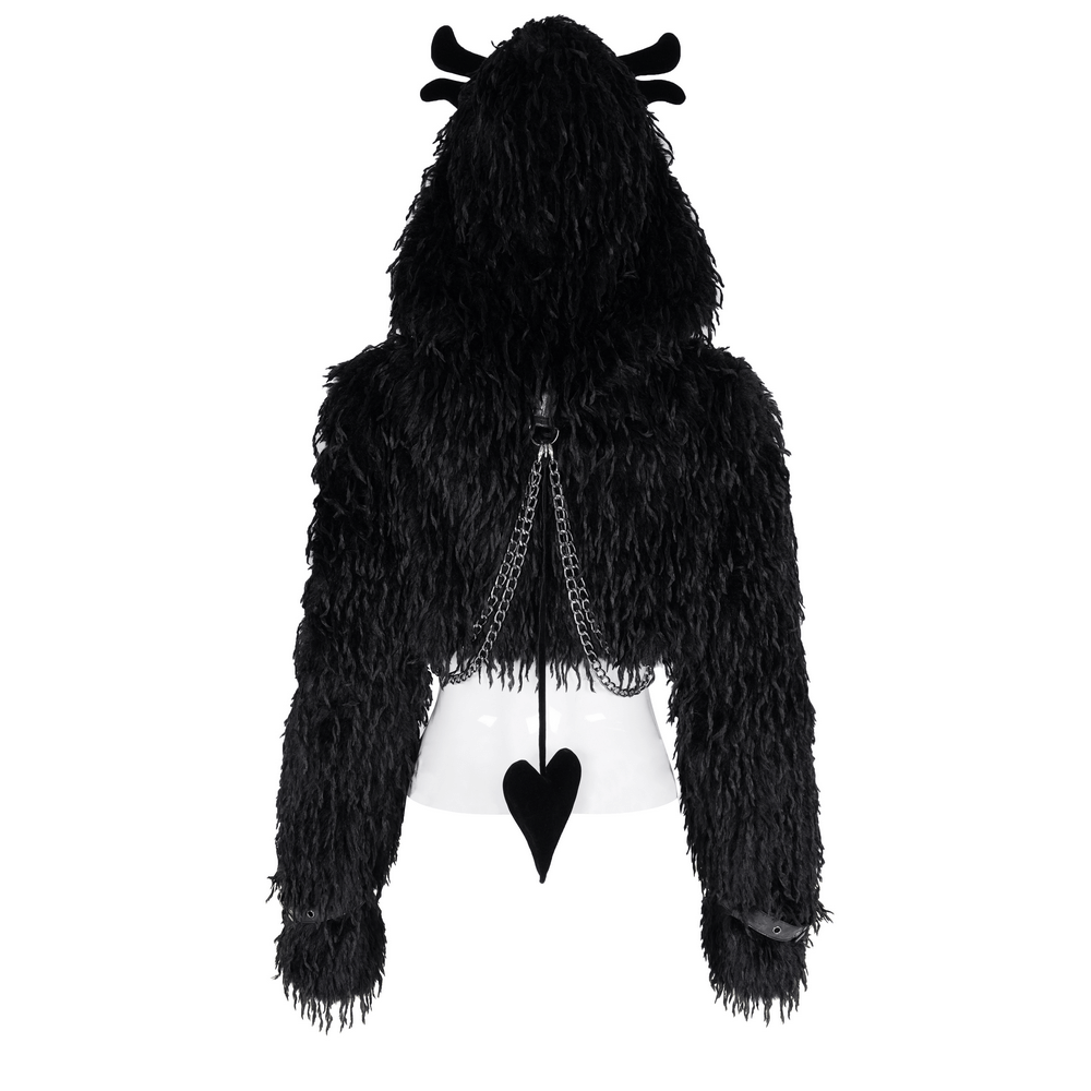 Shaggy Black Faux Fur Cape with Horns and Chains