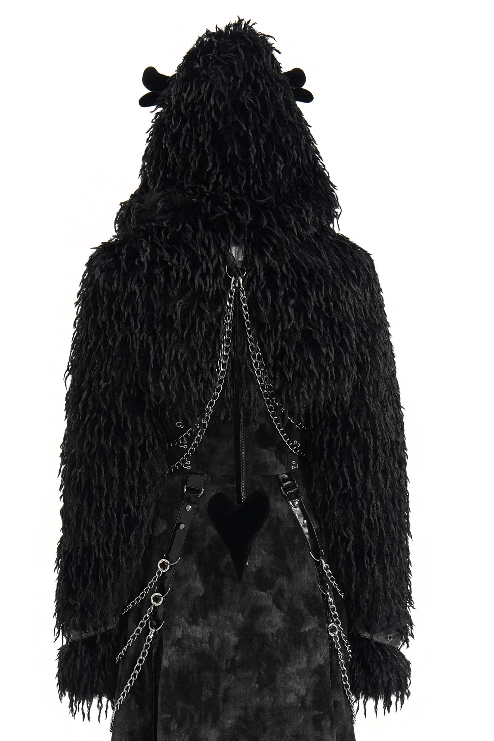 Shaggy Black Faux Fur Cape with Horns and Chains