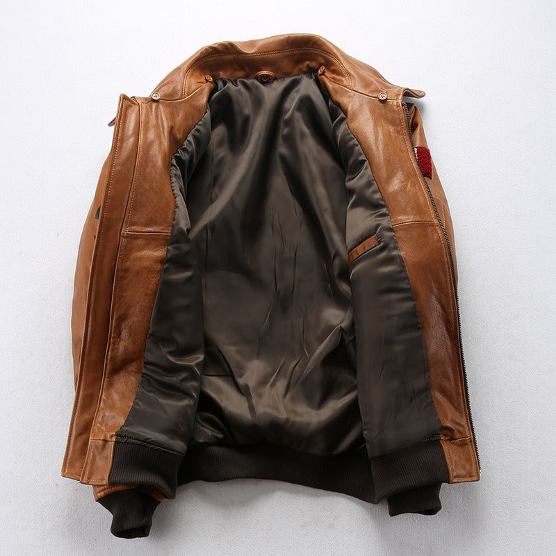 Sheep Leather Men's Bomber Jacket With Fur / Vintage Lambskin Jacket With Embroidery