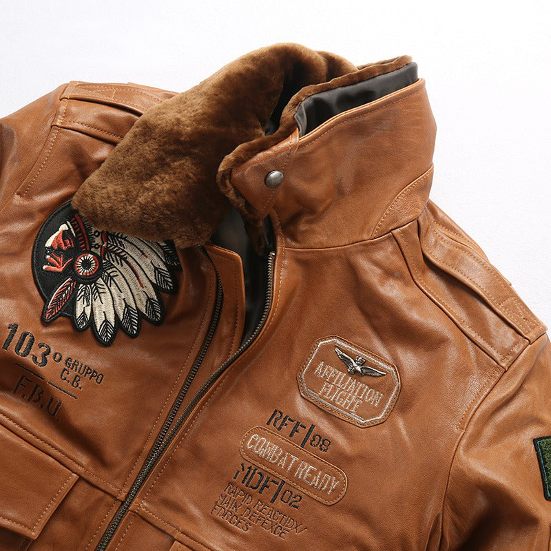 Sheep Leather Men's Bomber Jacket With Fur / Vintage Lambskin Jacket With Embroidery