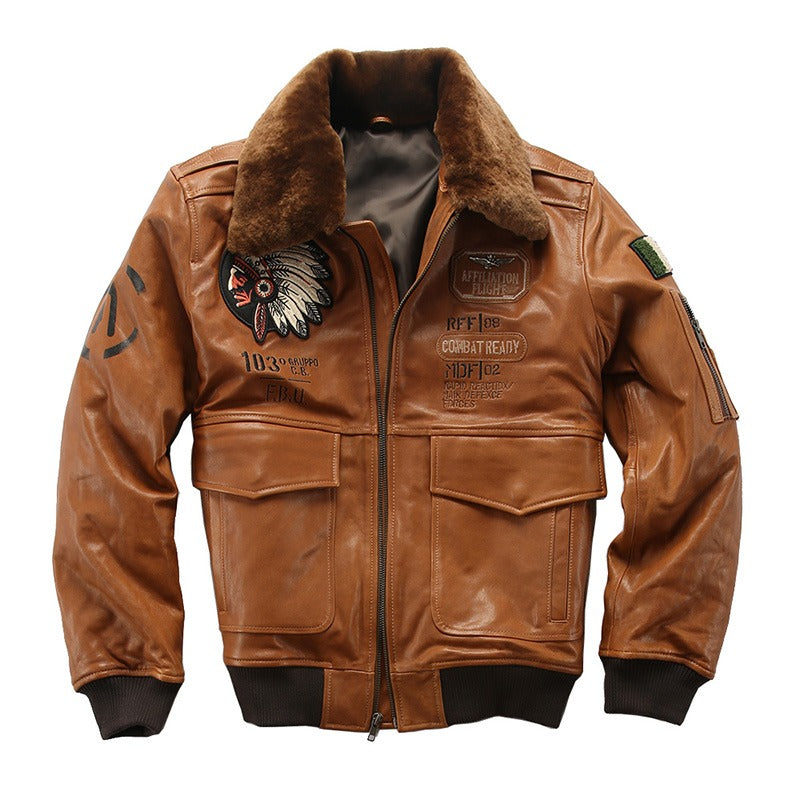 Sheep Leather Men's Bomber Jacket With Fur / Vintage Lambskin Jacket With Embroidery