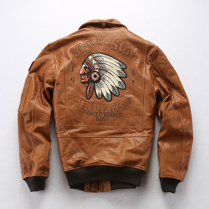 Sheep Leather Men's Bomber Jacket With Fur / Vintage Lambskin Jacket With Embroidery