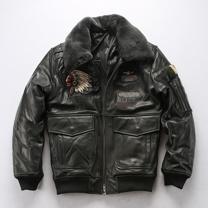 Sheep Leather Men's Bomber Jacket With Fur / Vintage Lambskin Jacket With Embroidery